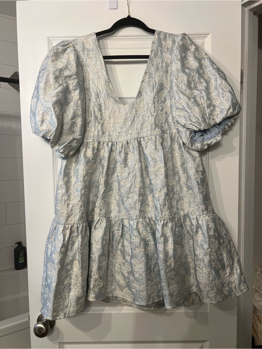 Endless Rose Light Blue and Cream Puff-Sleeve Babydoll Dress